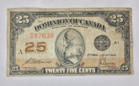 1923 Dominion of Canada 25 Cent Shinplaster . Has been in Circulation