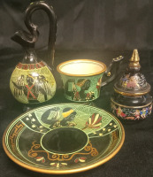 Vintage Greek Perfume Bottle w/ Black Enamel and Greek Pitcher, Cup and Saucer Set Tallest Item Measures 5"