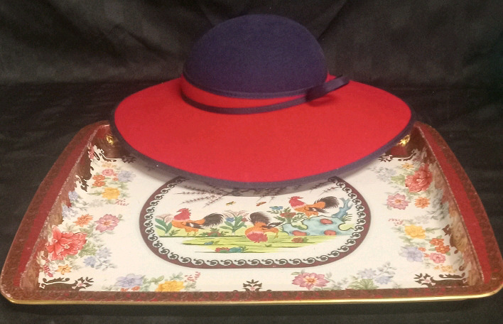 Vintage Style Ladies Hat & Rooster Themed Tray | Largest Item Measures 18 x 14"