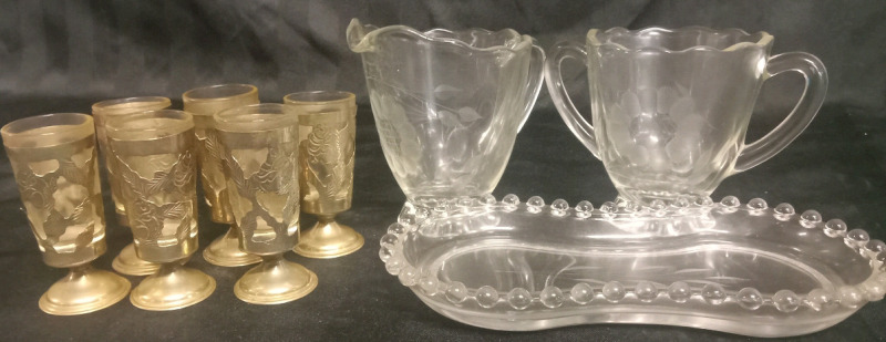 Vintage | Cornflower Etched Cream and Sugar Dishes & 6 Pcs Cordial Shot Glass Set | Largest Item Measures 4" Tall