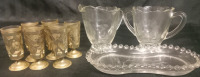 Vintage | Cornflower Etched Cream and Sugar Dishes & 6 Pcs Cordial Shot Glass Set | Largest Item Measures 4" Tall