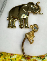 Unusual Blue Rhinestone Eye Monkey Articulated tail & PARK LANE Elephant Brooch Rhinestone Eye