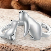 925 Sterling Silver Kissing Cats Pattern Cuff Ring Stamped adjustable