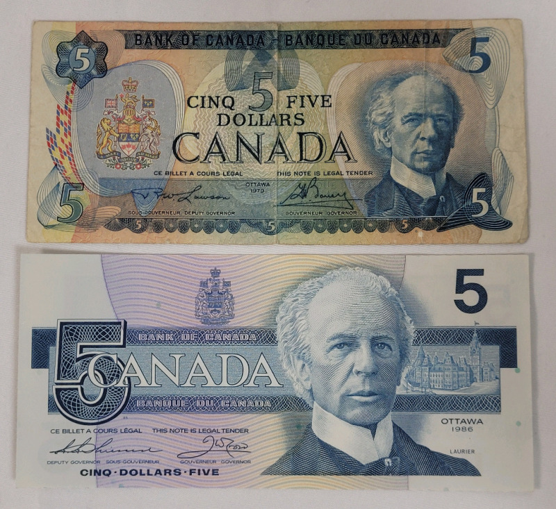 1979 & 1986 Canadian Bank of Canada Five Dollar Bank Notes . 1986 Bank Note is Uncirculated