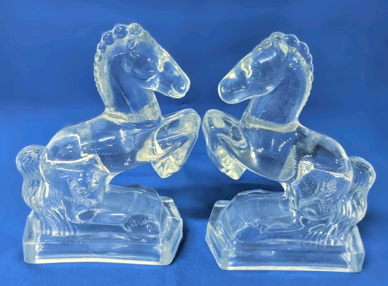 Pair Vintage LE Smith Clear Ice Glass Rearing Horse Bookends • 8" Tall ea