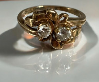 Special 10KT Yellow Gold Two Diamonds Ring Art Nouveau Size 7.5 Stamped