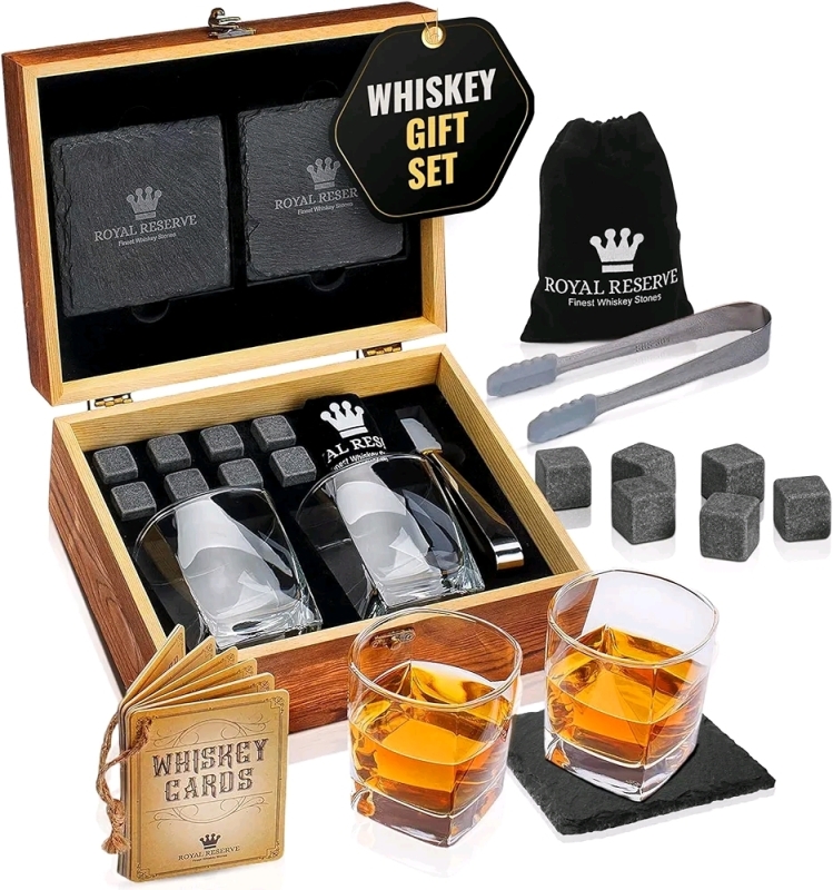 New - Royal Reserve Whiskey Glasses Set in Pine Box . Whiskey Chilling Rocks Scotch Bourbon & Whiskey Glasses Set of 2 & Slate Table Coasters