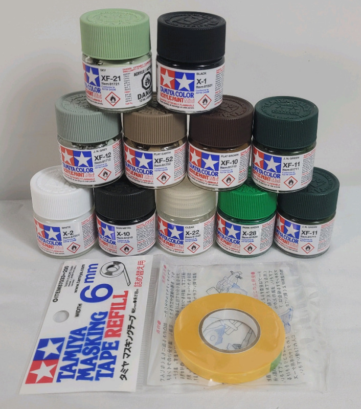 12 New Tamiya Color Acrylic Modeling Paint 10ml ea & Taniya Modeling Masking Tape .