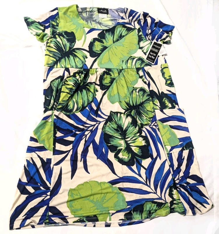 New Size XXL | MARALLIS Collection Made in Canada Tropical Stretch Midi Dress & White Stretchy Long Sleeve Over Shirt Shrug