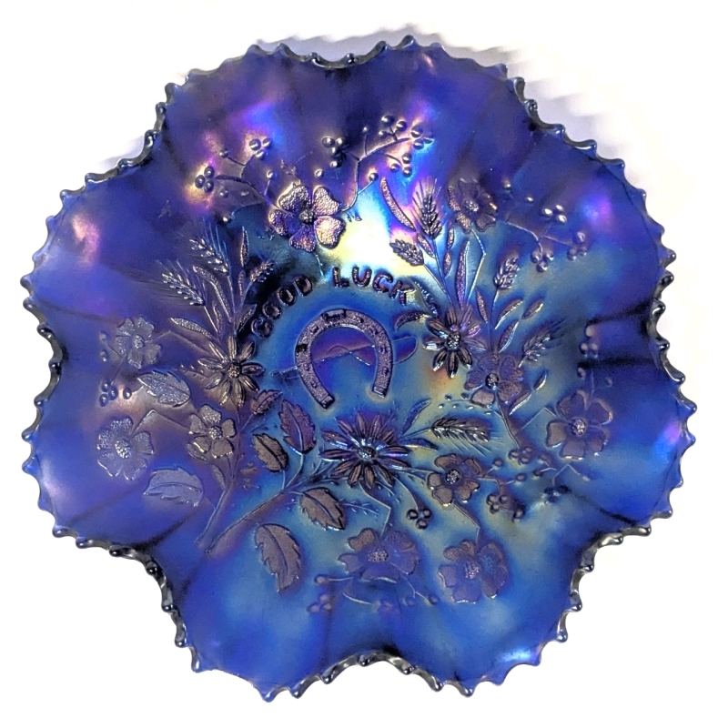 Gorgeous Vintage Northwood Cobalt Blue CARNIVAL Glass "Good Luck" Ruffled Edge Bowl &bull; 8" Diameter
