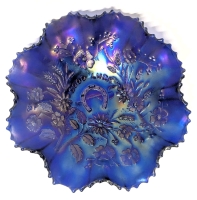 Gorgeous Vintage Northwood Cobalt Blue CARNIVAL Glass "Good Luck" Ruffled Edge Bowl &bull; 8" Diameter