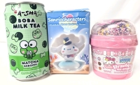 New Sanrio A-Sha Keroppi Matcha Boba Milk Tea (310ml), Kuromi Shell Figure & Hello Kitty Slimy Gloop Scoops Strawberry Ice Cream Scented Bubble Slime w Mixins
