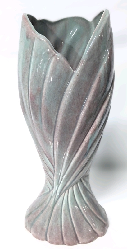 Signed Vintage West Coast Pottery Large 13 1/2" Draped Wing-Like Vase in Mauve & Aqua 4-3 &bull; 13.5" Tall