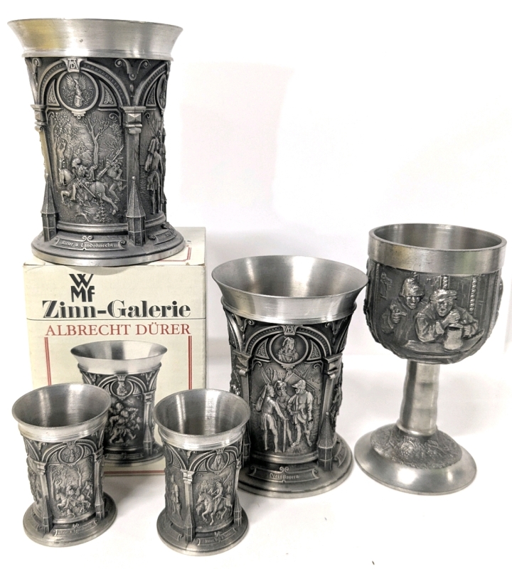 2 Vintage ALBRECHT D&Uuml;RER MG Zinn-Gallery Pewter Beer Cups & 2 Shot Glasses + Grenningten Pewter Goblet &bull; Up to 5.15" Tall