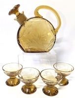 Vintage Amber Glass Cut Daisy Design Mini Decanter + 4 Small Glasses &bull; Decanter 5.75" Tall