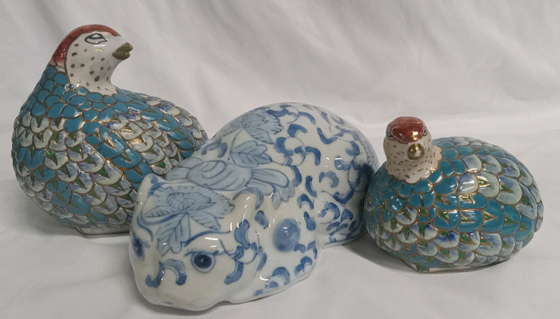 Vintage Hand Painted Quial Set of 2 & Vintage Ceramic Cat | Largest Item Measures 5" Tall