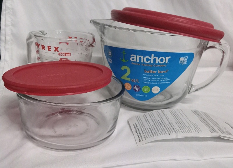 Anchor Hocking Company Batter Bowl w/ Lid, Microwave Safe Bowl w/ Lid & Pyrex Measuring Cup | Tallest Item Measures 9 x 6"