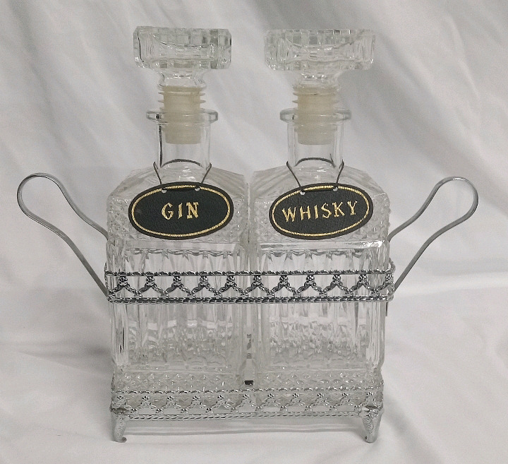 Matching Glass Whiskey & Gin Bottles w/ Holder | Measures 11 x 10"