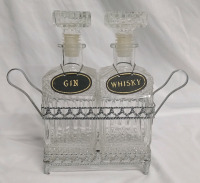 Matching Glass Whiskey & Gin Bottles w/ Holder | Measures 11 x 10"