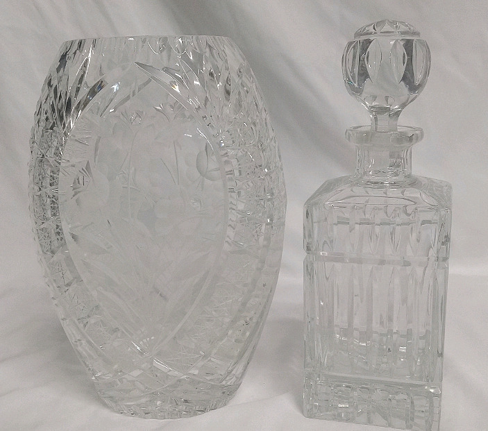 Crystal Flower Vase & Crystal Whiskey Bottle | Largest Item Measures 8 x 11"