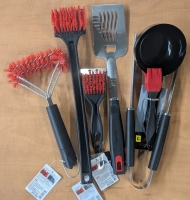 New: Char Broil Cooking Utensils - BBQ Scrapers - Tongs - Spatula - Small Pan and Oil Brush