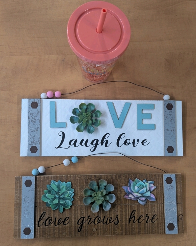 New: 2 Signs and 1 Cracked Glass Style Cup - Signs Measure 13.5" x 4.5"