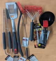 New: Char Broil Cooking Utensils - BBQ Scraper - Tongs - Spatula - Small Pan and Oil Brush - Temperature Gauge - Prongs