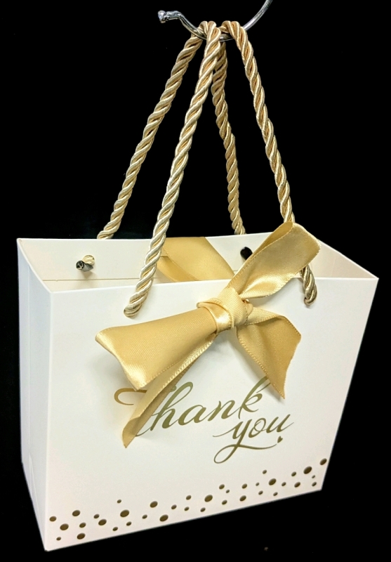 50 New Small Gold & White "Thank You" Gift Bags with Rope Handles & Bows &bull; 5.5" x 2.4" x 4.75" Tall ea
