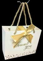 50 New Small Gold & White "Thank You" Gift Bags with Rope Handles & Bows &bull; 5.5" x 2.4" x 4.75" Tall ea
