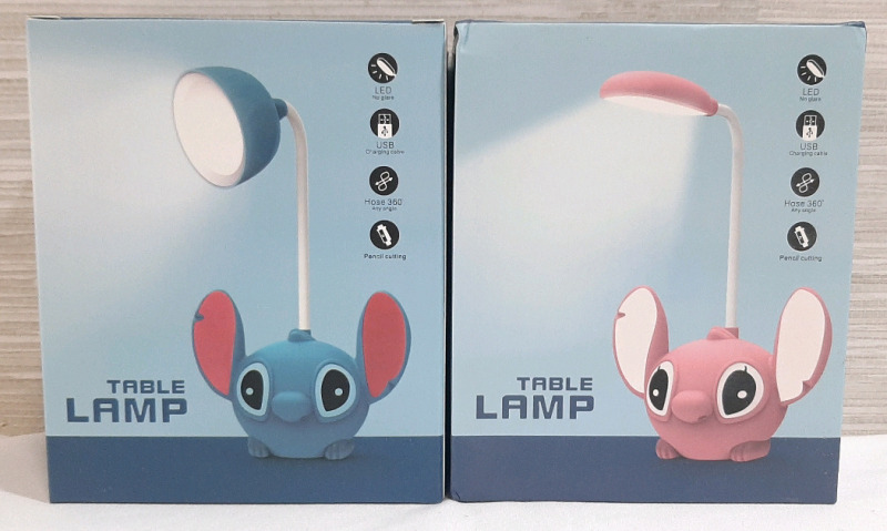 2 New Lilo & Stitch Themed LED Table Lamps - USB Powered, Cable Included, 360&deg; Degree Angle Light and Pencil Sharpening in The Back - Packaging Measures at 5" Tall, 4" Wide, No Indication of What Actual Product Measures At