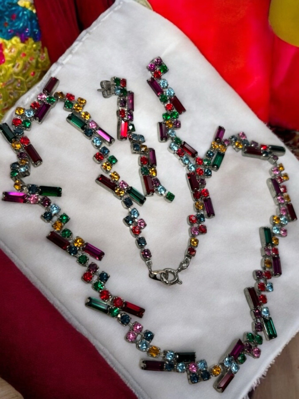Multi Colour Baguette Chaton Rhinestone Necklace & Matching Pierced Earrings Delicious