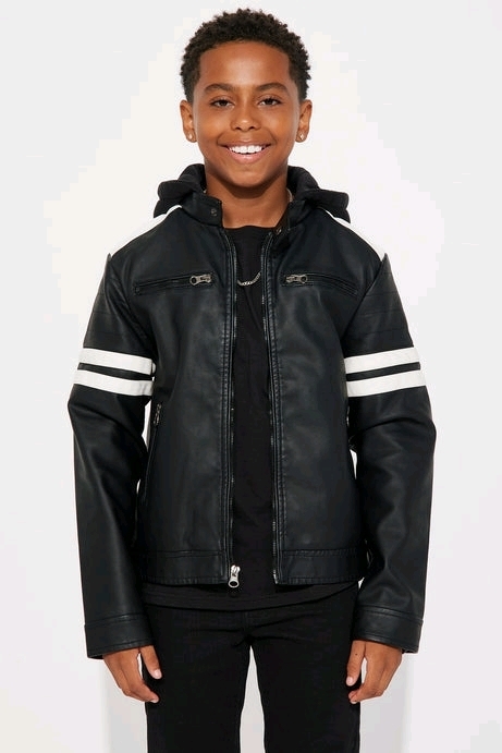 New Kids Size 12 | FASHION NOVA Mini with Purpose Faux Leather Jacket Black/White with Knit Hood
