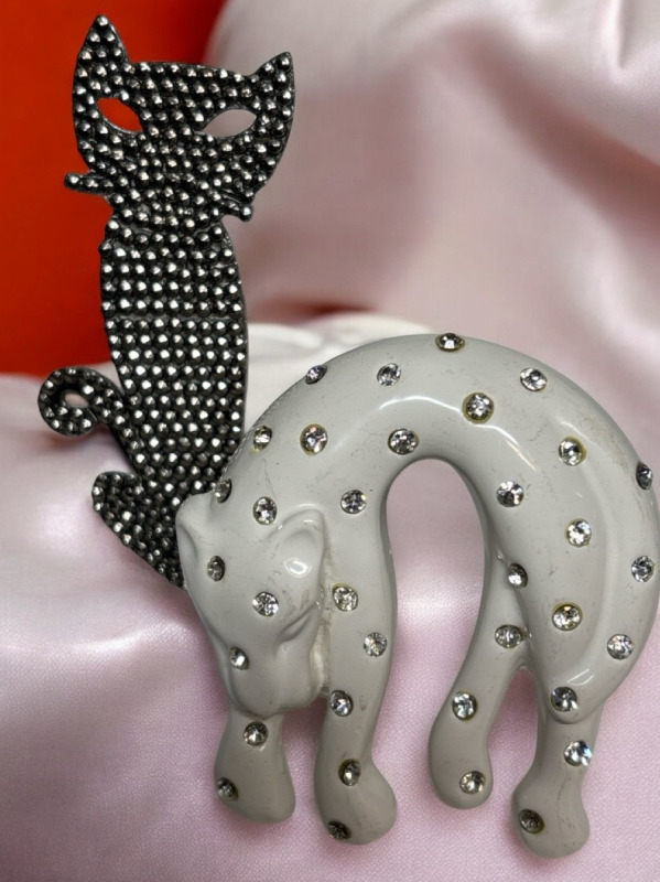 Two Large Cat Brooches Vintage One Cut & Bead Work & Thermoplastic White W/ Rhinestone Sleeping Panther