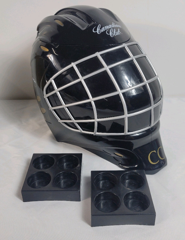 Canadian Club Whiskey Goalie Helmet Ice Bucket w/Hockey Puck Ice Cube Trays
