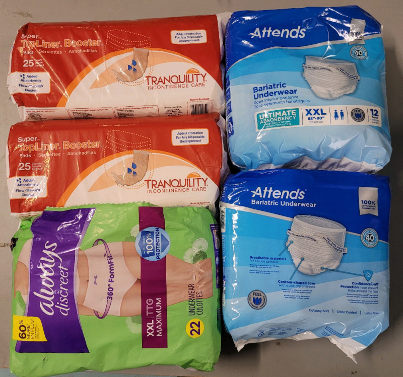 New - Adult Underwear , Various Sizes & Rubbermaid Bin w/Lid
