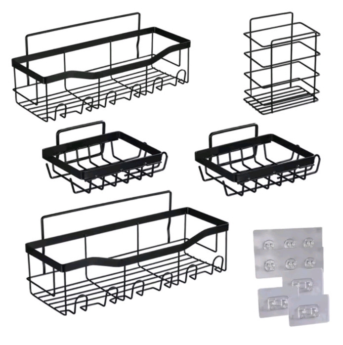 New - 5pc. Bathroom Shelf Wall No-Punch Organizer Metal Storage Accessories Soap Holder Toothpaste Holder .