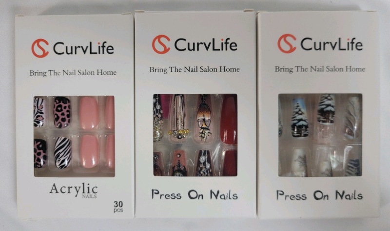 New - CurvLife Acrylic Press-On Nails . 3 Packs