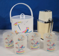 Swing Away Mid Century Ice Crusher, Ice Bucket & Plastic Drinking Cups 4" Tall