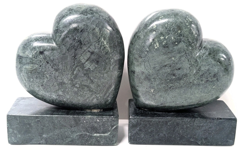 Pair of Fantastic Green Stone Heart Bookends &bull; 6.25" Tall each