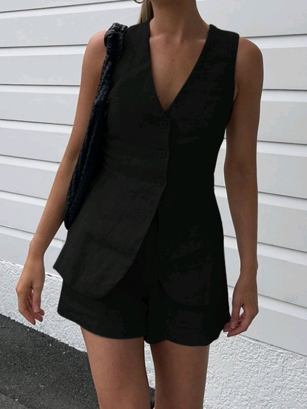 New Women's sz XL Drawstring Split Casual Shorts Set - Black