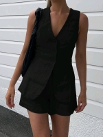 New Women's sz XL Drawstring Split Casual Shorts Set - Black