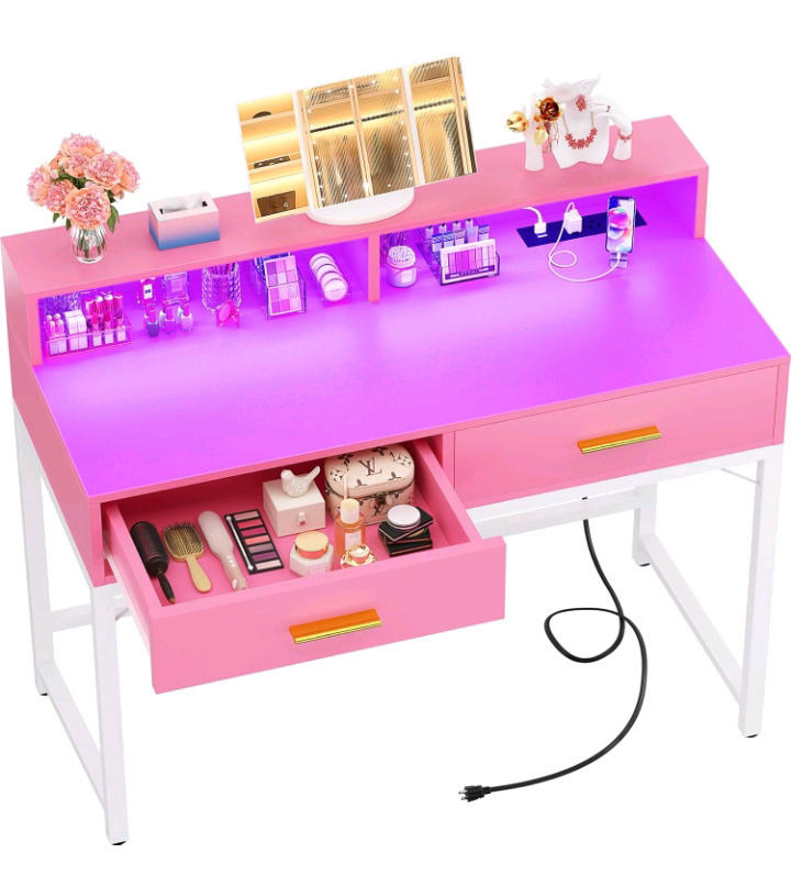 New | Cyclysio Vanity Desk with Mirror and Lights | 36 Inch | Comes with 2 Wooden Drawers & Storage Shelves, Power Outlets and LED Lights | Colour: Pink