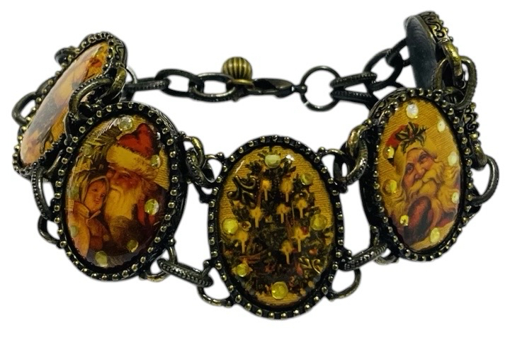 Vintage Nina Ricci NR For Avon Cellulose Paneled Christmas Bracelet Santa Angel Tree