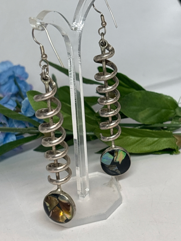 Paua Shell Sterling Fabulous Spiral Earrings Pierced 3.5 Inches