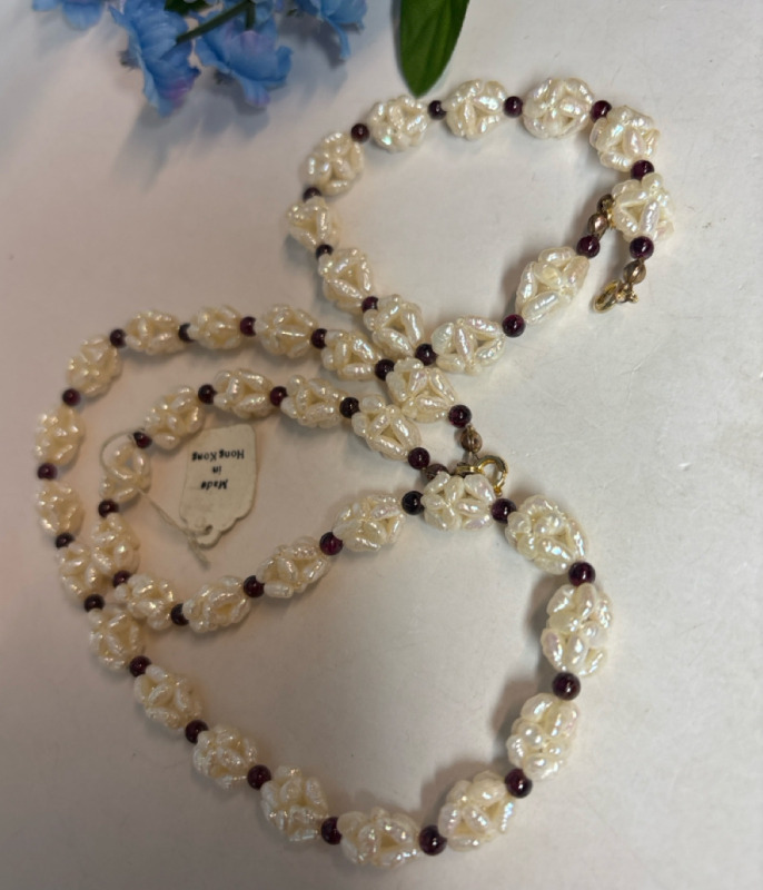 Purple Garnet Carved Freshwater Seed Pearls Necklace & Bracelet Set Tagged Made in Hong Kong