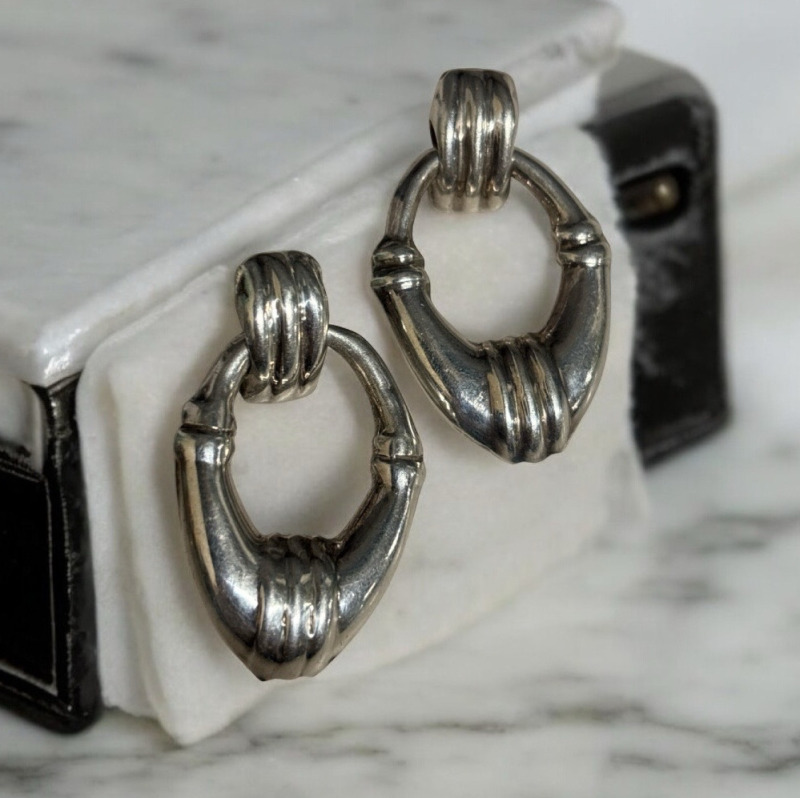 925 Sterling Silver Mexico Door Knocker Earrings Pierced TB -63 Laton Articulated Hoops