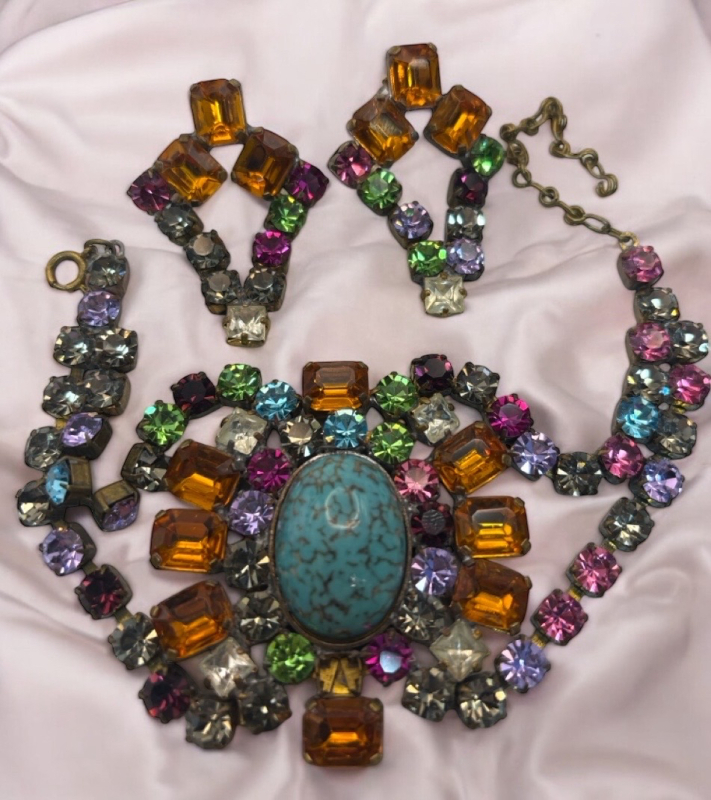 Czech Bijoux MG Statement Bracelet & Earring Set Circa 1940 - 50s Sifned Bracelet