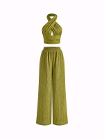 New Women's sz XL Cross Halter Plisse Pants Set - Green Retails for $50