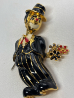 Vintage Whimsical 3D Gentleman Clown Flowers Enamel Figural Brooch Jonas Style.