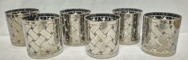 6 MCM Rock Glasses 3.25" Tall - Silver Luster Basketweave Design